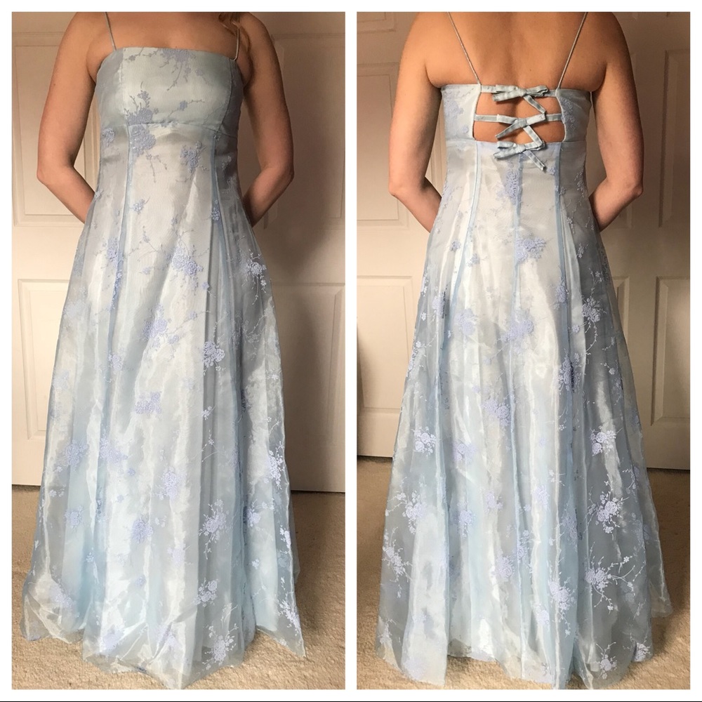 Light blue floral patterned prom dress